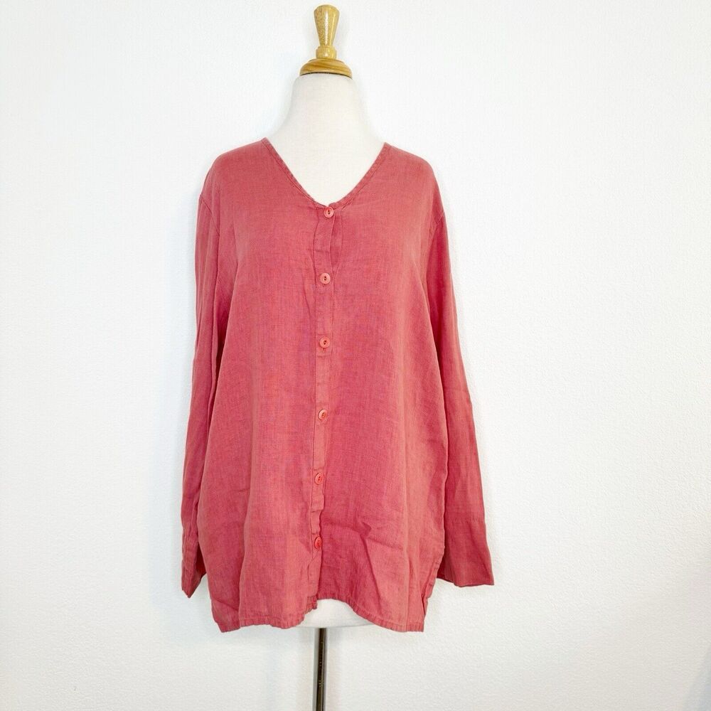 FLAX Womens Linen Button Up Top Size Medium Pink Long Sleeve‎ Lagenlook Beachy